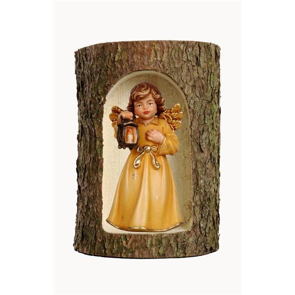 Bell angel, stand. with lantern in a tree trunk - color