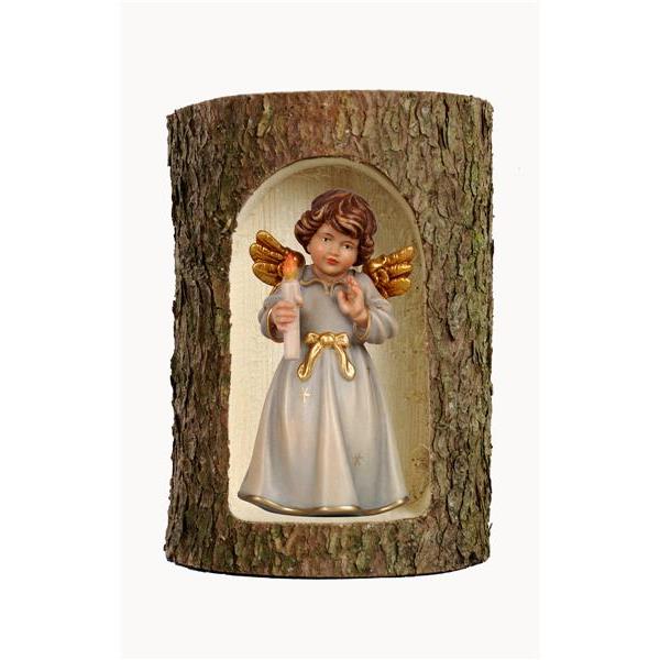 Bell angel, stand. w.candle in a tree trunk - color