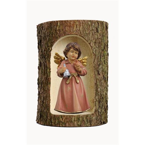 Bell angel, stand. with bell in a tree trunk - color