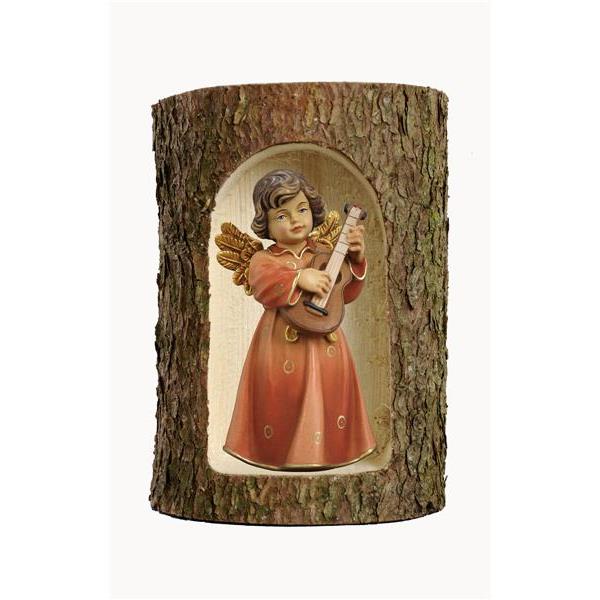 Bell angel, stand. w. guitar in a tree trunk - color