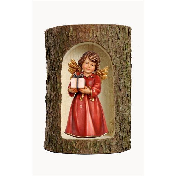 Bell angel, stand. w. parcel in a tree trunk - color