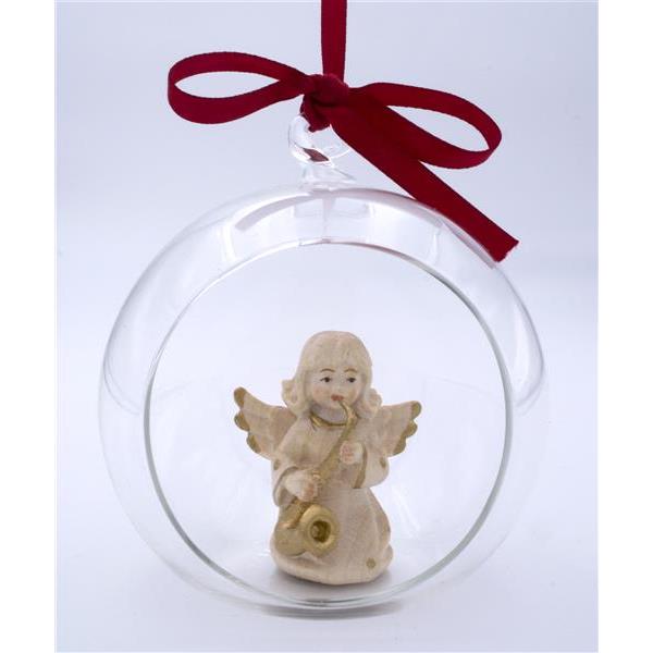 Angel with saxophon in glass ball - wax polished gold decora.+face col.