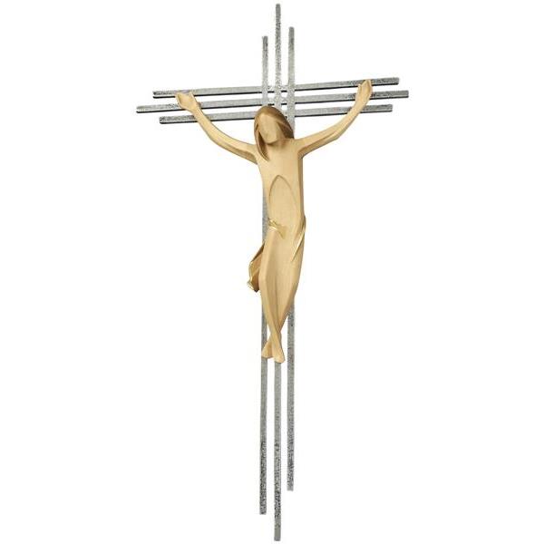 Crucifix, with a triple bar in stainless ste - hued with Goldborders