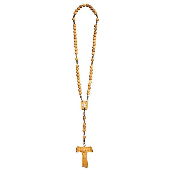 Rosary Exclusive Olive oiled + Medal with Cross of peace Tau - natural larch