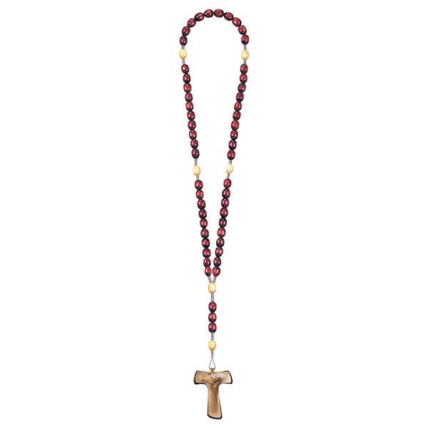 Rosary Exclusive Red-Wood Tone with Cross of peace Tau - hued multicolor