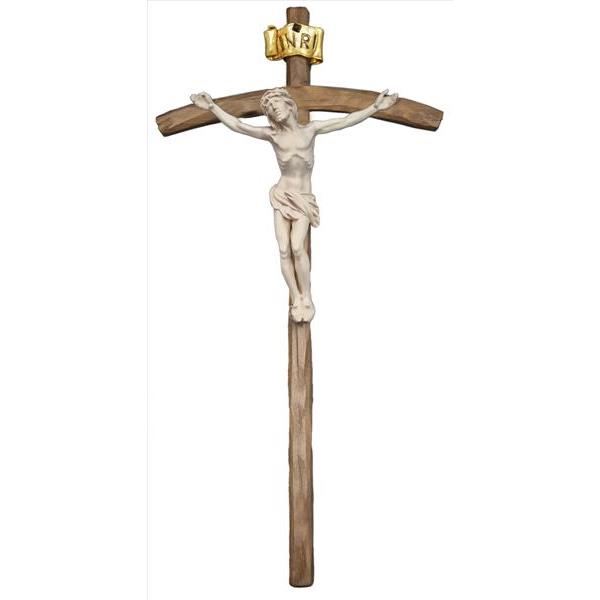 Christ spiraling on carved curved cross - natural