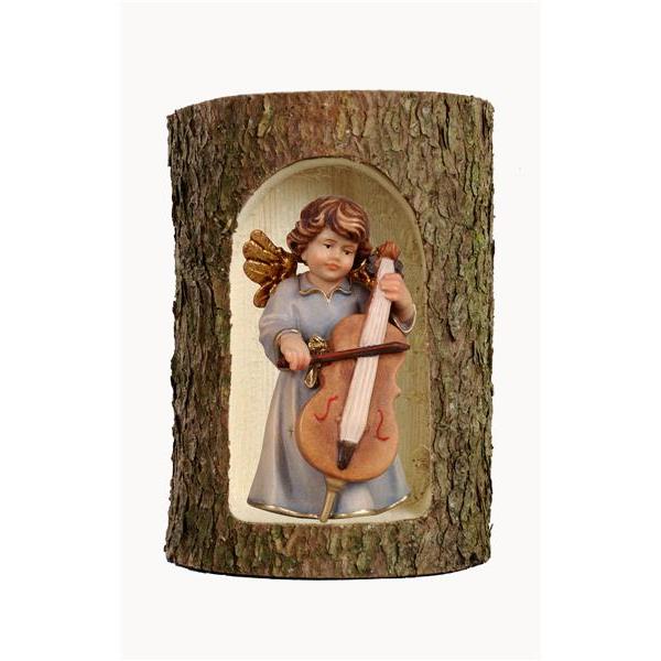 Bell angel, stand.with duble-bass in a tree trunk - color