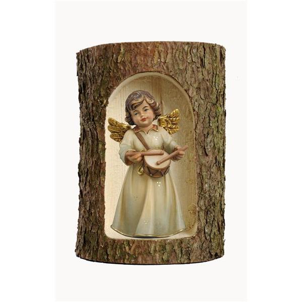Bell angel, stand. with drum in a tree trunk - color