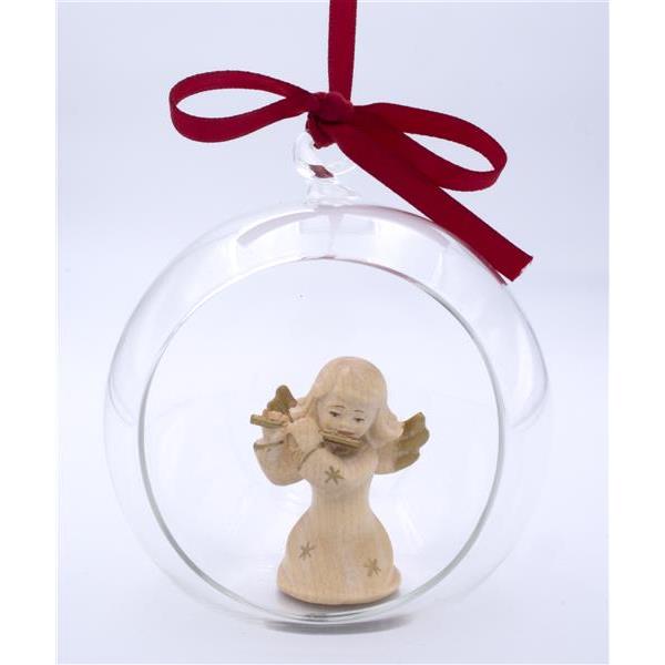 Angel with flute in glass ball - wax polished gold decora.+face col.
