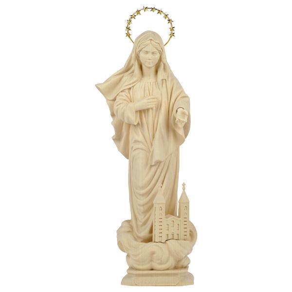 Our Lady of Medjugorje with church with Halo 12 stars - Linden wood carved - natural